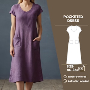 May include: A purple linen dress with short sleeves and two patch pockets. The dress is knee-length and has a scoop neckline. The dress is shown on a model. The text "POCKETED DRESS" and "SIZE: XS-5XL" is shown in the image.