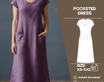 Linen A-Line Dress Sewing Pattern, Patch Pockets Dress, Short Sleeve, Summer Dress, Plus size dress, Midi dress, Linen dress