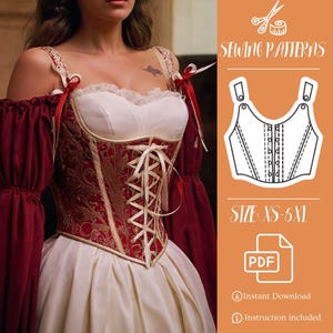 Puede incluir: Un patrón de costura para un corsé rojo y dorado con un encaje blanco en la parte delantera. El patrón está disponible en tallas XS-5XL y es una descarga PDF. La imagen también incluye el texto "Sewing Patterns" y "Size: XS-5XL".