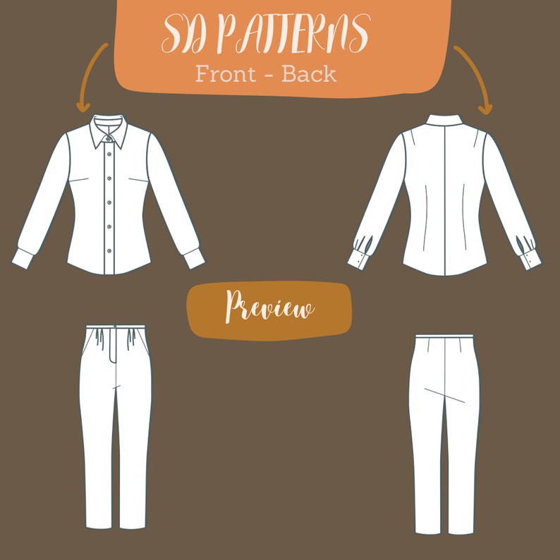 Pu&ograve; includere: Una camicia bianca a maniche lunghe con chiusura a bottoni e un paio di pantaloni bianchi. L'immagine mostra le viste anteriore e posteriore della camicia e dei pantaloni. Il testo "SD PATTERNS Front - Back" e "Preview" &egrave; incluso anche nell'immagine.