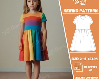 Rainbow Dress Sewing Pattern, Girl 2-12 years Dress, Gathered Skirt, Short Sleeve, Colored Dress, Party Dress, Birthday Dress