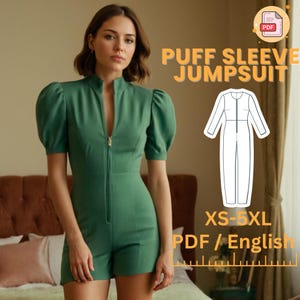 Women Jumpsuit Romper, Sewing Pattern, Puff Sleeve,  Women&#39;s Vintage Jumpsuit PDF Sewing Pattern, XS-5XL
