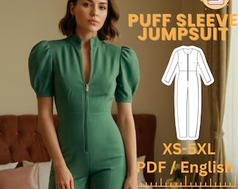 Frauen Jumpsuit Romper, Schnittmuster, Puffärmel, Damen Vintage Overall PDF Schnittmuster, XS-5XL