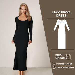 Op de afbeelding: Een zwarte maxi-jurk met lange mouwen en een ronde hals. De jurk wordt gedragen door een model. De afbeelding bevat ook de tekst "Maxi Prom Dress" en "Maat: XS-5XL".