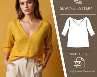 Linen Sewing Pattern Top, V-Neck 3/4 Sleeve Tunic, Loose Shirt, PDF Sewing Patterns, XS - 5XL