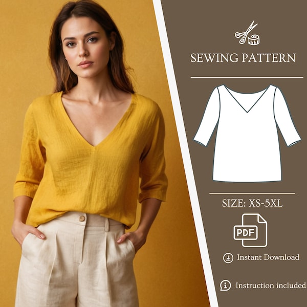Linen Sewing Pattern Top, V-Neck 3/4 Sleeve Tunic, Loose Shirt, PDF Sewing Patterns, XS - 5XL
