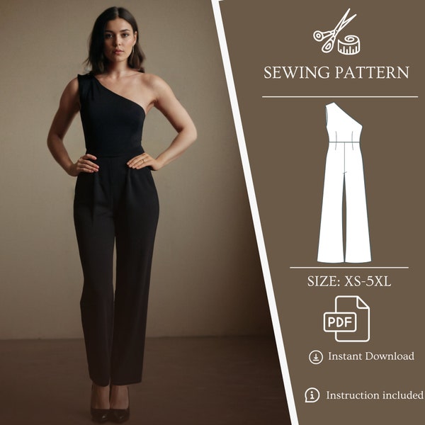 One Shoulder Wide Leg Sewing Pattern Jumpsuit PDF romper pattern easy women sewing pattern