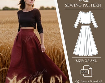 Set Linen Circle Skirt Long Sleeve Crop Top Sewing Pattern Set Women Long Midi Skirt and Top PDF Pattern Bundle