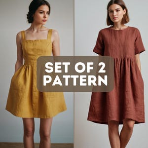 Set 2 modello di cucito per abito in lino, abito largo a trapezio, abito in lino a vita alta, fai da te, modello di cucito per principianti in PDF, abiti con tasche