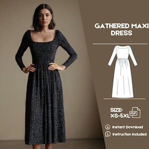May include: A black maxi dress with a gathered skirt and long sleeves. The dress has a square neckline and a small white polka dot pattern. The image includes the text "GATHERED MAXI DRESS" and "SIZE: XS-5XL".