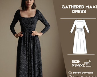 Patrón PDF de vestido de escote cuadrado, patrón de costura de vestido de manga larga, patrón de vestido formal, vestido fruncido, regalo