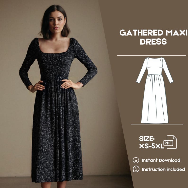 May include: A black maxi dress with a gathered skirt and long sleeves. The dress has a square neckline and a small white polka dot pattern. The image includes the text "GATHERED MAXI DRESS" and "SIZE: XS-5XL".