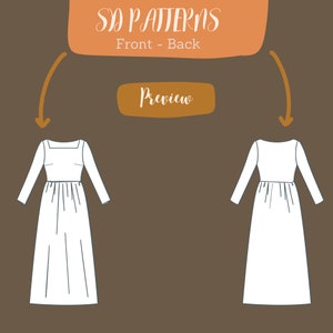 K&ouml;nnte beinhalten: Digitale Illustration eines wei&szlig;en Kleidermusters, Vorder- und R&uuml;ckansicht, mit langen &Auml;rmeln und eckigem Ausschnitt. Der Text "SD PATTERNS Front - Back" steht oben, mit "Preview" in einem separaten Feld. Der Hintergrund ist braun.