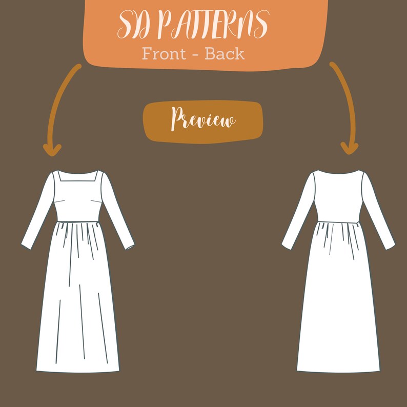 K&ouml;nnte beinhalten: Digitale Illustration eines wei&szlig;en Kleidermusters, Vorder- und R&uuml;ckansicht, mit langen &Auml;rmeln und eckigem Ausschnitt. Der Text "SD PATTERNS Front - Back" steht oben, mit "Preview" in einem separaten Feld. Der Hintergrund ist braun.