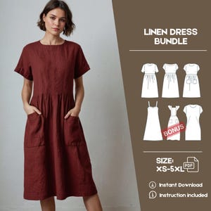 May include: A digital download bundle of five linen dress sewing patterns, including a bonus pattern. The patterns are available in sizes XS-5XL. The image shows a woman wearing a red linen dress, and the patterns are illustrated in black and white.