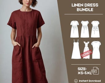 Linen Dress Bundle PDF Sewing Pattern Set Women Cottagecore Midi Pinafore Dress Pattern Apron Easy Pattern