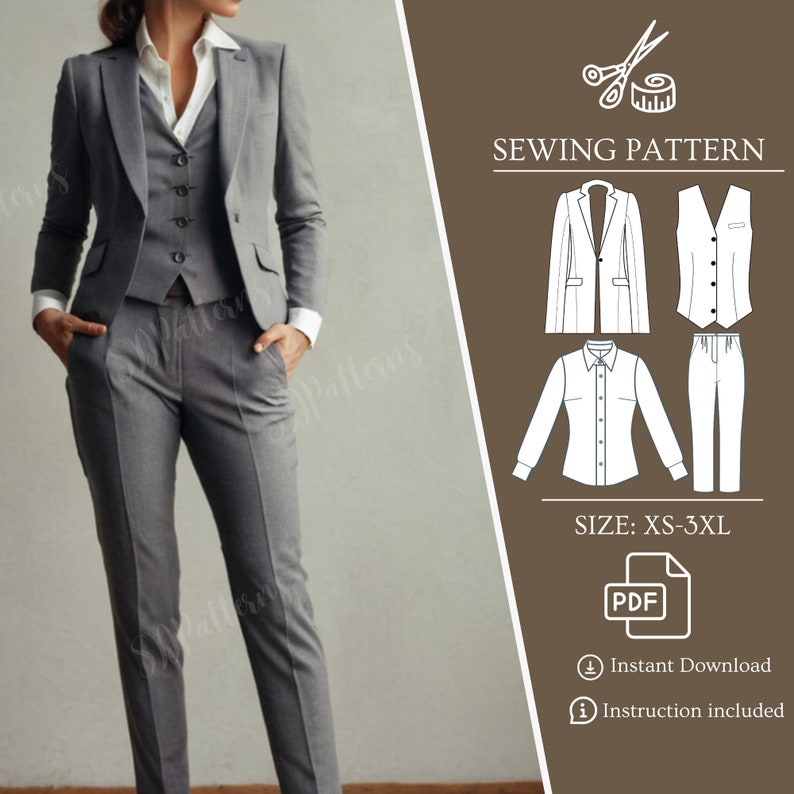 4 Bundle sewing pdf pattern, blouse pattern, vest sewing pattern, jacket pattern, pants pdf pattern for women image 1