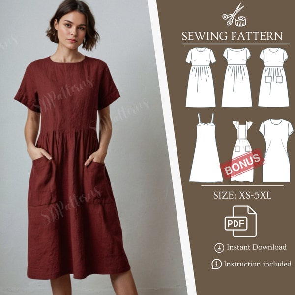 Linen Dress Bundle PDF Sewing Pattern Set Women Cottagecore Midi Pinafore Dress Pattern Apron Easy Pattern