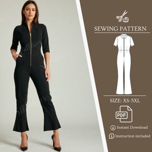 Jumpsuit sewing pattern front nickel zipper up collared romper pdf  70's style slight bell to pants