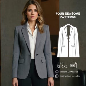 Modello di cucito per blazer classico, giacca con bottoni, giacca, blazer con tasche, modello di cucito per donna PDF, download immediato modello taglie XS-3XL