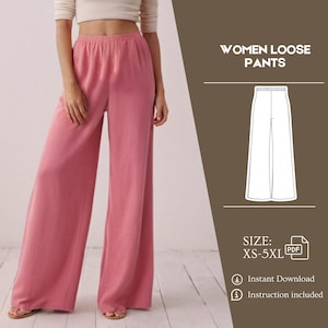 Puede incluir: Un pantalón holgado de pierna ancha de color rosa. El pantalón tiene un diseño sencillo y un ajuste cómodo. La imagen incluye texto que dice "WOMEN LOOSE PANTS", "SIZE: XS-5XL", "Descarga instantánea" y "Instrucciones incluidas".