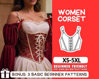 Romantic Cottagecore Corset | Front lace corset pattern PDF | Corset Top | Romantic Adjustable Lacing | XS-6XL | Renaissance Corset - Gift