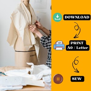 Puede incluir: Una tela blanca drapeada sobre un maniqu&iacute;, con una mano que ajusta la tela. La imagen incluye texto que dice "DOWNLOAD", "PRINT A0 / Letter", y "SEW".