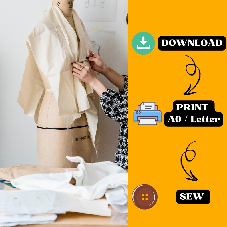 Puede incluir: Una tela blanca drapeada sobre un maniqu&iacute;, con una mano que ajusta la tela. La imagen incluye texto que dice "DOWNLOAD", "PRINT A0 / Letter", y "SEW".