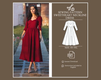 Sewing Pattern Dress, Puff Sleeve, Sweetheart Neckline, Circle Skirt, Midi Dress, Long Sleeve Dress, PDF Instant Download, XS-5XL