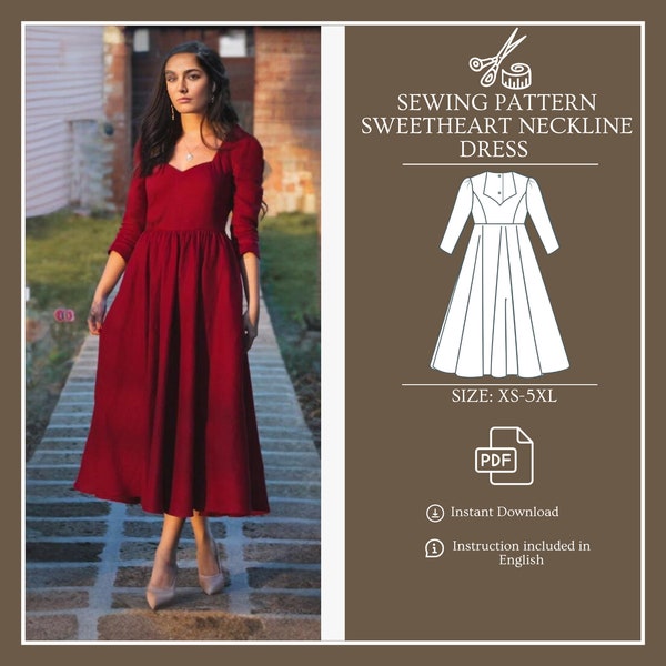 Sewing Pattern Dress, Puff Sleeve, Sweetheart Neckline, Circle Skirt, Midi Dress, Long Sleeve Dress, PDF Instant Download, XS-5XL