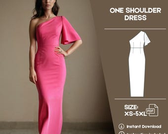 Women One Shoulder Flare Sleeve Dress Sewing Pattern Casual Wedding Guest Bridesmaid Dress PDF Pattern XS - 5XL