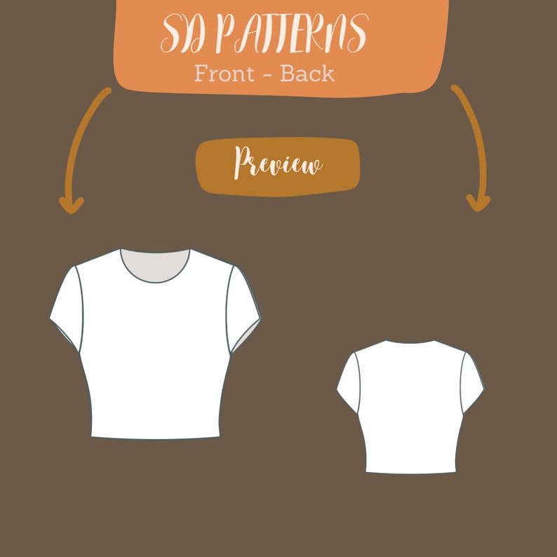 May include: A white crop top with short sleeves, shown from the front and back. The image is labeled "SD PATTERNS Front - Back" and "Preview".