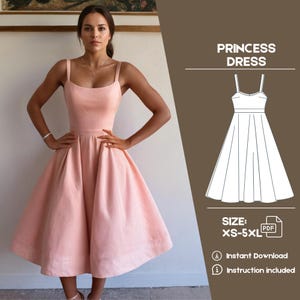May include: A pink princess dress sewing pattern with a simple, elegant design. The pattern includes instructions and is available in sizes XS-5XL.  Download the PDF pattern instantly.