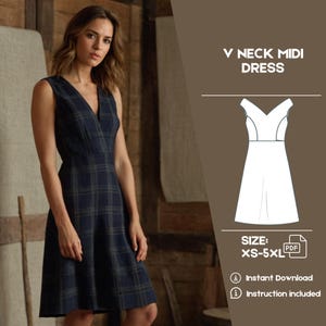 May include: A digital sewing pattern for a V-neck midi dress. The pattern includes instructions and is available in sizes XS-5XL.