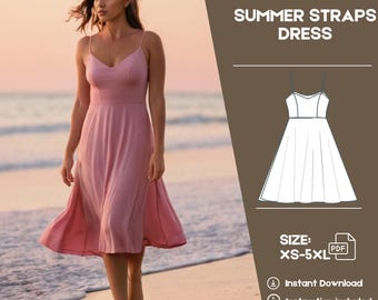 Könnte beinhalten: Ein rosa Sommerkleid mit dünnen Trägern. Das Kleid hat ein tailliertes Oberteil und einen fließenden Rock. Das Kleid wird an einem Model gezeigt, das an einem Strand steht. Der Text "SUMMER STRAPS DRESS" und "SIZE: XS-5XL" ist im Bild zu sehen.