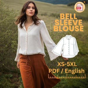 May include: A white blouse with bell sleeves and a button-up front. The blouse is shown on a model wearing brown pants. The image includes the text "Bell Sleeve Blouse" and "XS-5XL PDF / English".