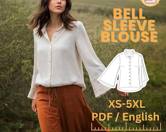 Patrón de costura de camisa de lino para mujer, patrón de blusa de manga acampanada boho, patrón de blusa de lino con botones, patrón de costura de camisa de manga larga Cottagecore
