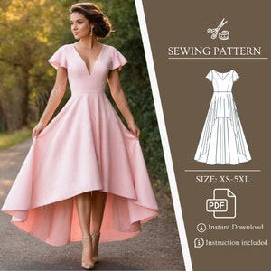 Bridesmaid Sewing Pattern Dress Butterfly Sleeve High Low Hem PDF Digital Pattern V Neck Dress