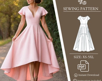 Bridesmaid Sewing Pattern Dress Butterfly Sleeve High Low Hem PDF Digital Pattern V Neck Dress