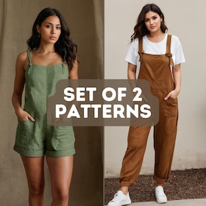 Puede incluir: Conjunto de 2 patrones de costura para hacer dos estilos diferentes de petos. Un par es un peto corto verde con bolsillos. El otro par es un peto largo marrón con bolsillos. El texto "Set of 2 Patterns" está superpuesto en la imagen.