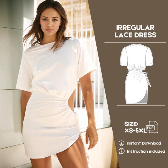Asymmetrical Short Sleeve Dress Sewing Pattern - XS to 3XL - PDF Download  With Easy Sew Pattern and Detailed Instructions Dressmaking