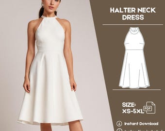 Babydoll Dress Sewing Pattern | Women Midi Dress Pattern | Summer Prom Dress PDF Sewing Pattern | Halter Dress Easy Pattern
