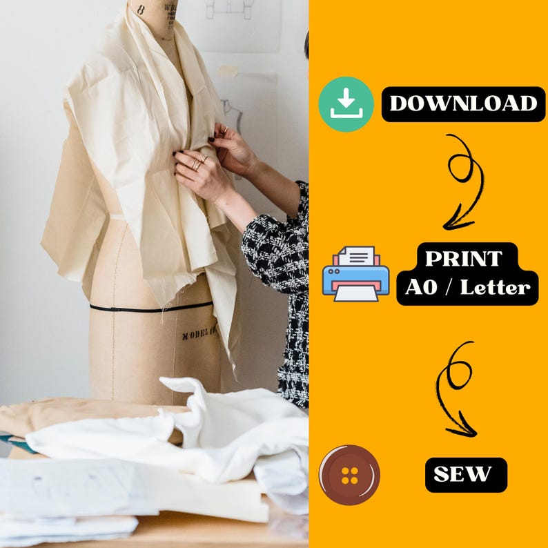 K&ouml;nnte beinhalten: Eine beigefarbene Schneiderpuppe mit Stoff, der von einer Person angepasst wird. Das Bild zeigt einen gelben Hintergrund mit den Anweisungen: "DOWNLOAD", "PRINT A0 / Letter" und "SEW", jeweils mit einem Symbol.