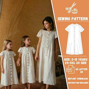 Puede incluir: Un patrón de costura para un vestido sencillo con botones y mangas cortas. El patrón está disponible en tallas de 2 a 12 años y XS-5XL. El patrón está disponible para descarga instantánea en tamaños A4 y A0. El patrón incluye instrucciones.
