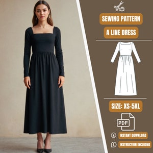 Maxi Ruffle Dress PDF Pattern, Long Sleeve Dress Sewing Pattern, Formal Dress Pattern, Square Neck Dress