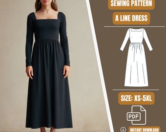 Maxi Rüschen Kleid PDF Pattern, Langarm Kleid Schnittmuster, formelle Kleid Pattern, Kleid mit eckigem Ausschnitt