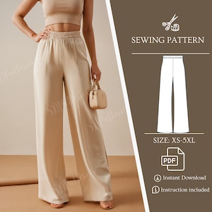 Palazzo Pants Sewing Pattern, Wide Leg Pants, Elastic Waist, PDF Sewing Patterns, Step-by-Step Instructions, XS-5XL US Size