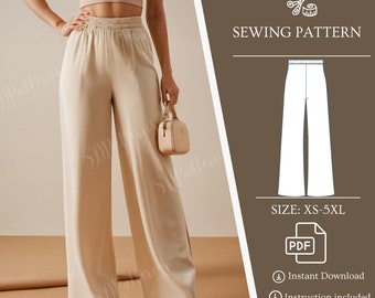 Palazzo Pants Sewing Pattern, Wide Leg Pants, Elastic Waist, PDF Sewing Patterns, Step-by-Step Instructions, XS-5XL US Size