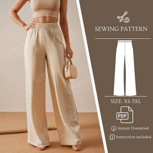 Patrón de costura de pantalones Palazzo, pantalones de pierna ancha, cintura elástica, patrones de costura PDF, instrucciones paso a paso, talla XS-5XL EE. UU.