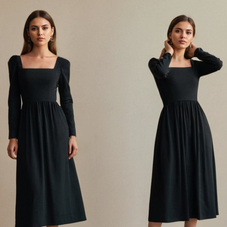 K&ouml;nnte beinhalten: Zwei Bilder eines schwarzen Kleides mit quadratischem Ausschnitt und langen &Auml;rmeln. Das Kleid hat ein eng anliegendes Oberteil und einen flie&szlig;enden Rock, der bis zur Mitte der Wade reicht. Das Kleid ist aus einem weichen, matten Stoff gefertigt.